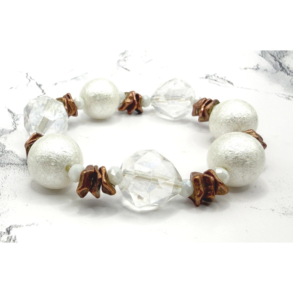 Clear White Glass Bead Stretch Bracelet Textured Beads Copper‎ Spacers